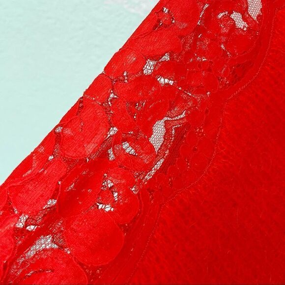 Vintage Red Italian Mohair and Wool Fuzzy Pullover Sweater With Lace Sleeves - Picture 6 of 15